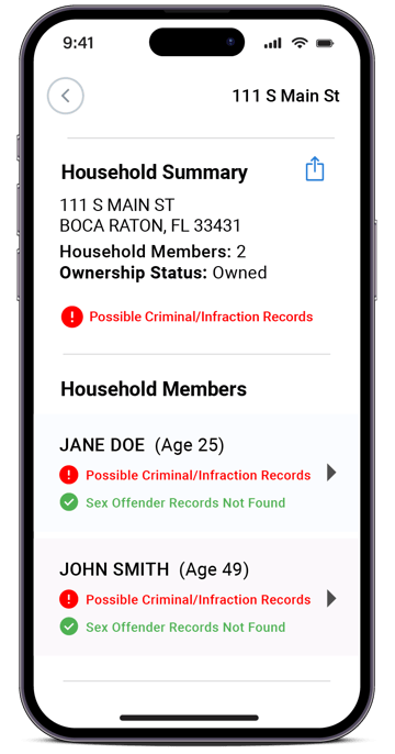 FOREWARN phone app example search result for household risk feature FOREWARN phone app example search result for household risk feature